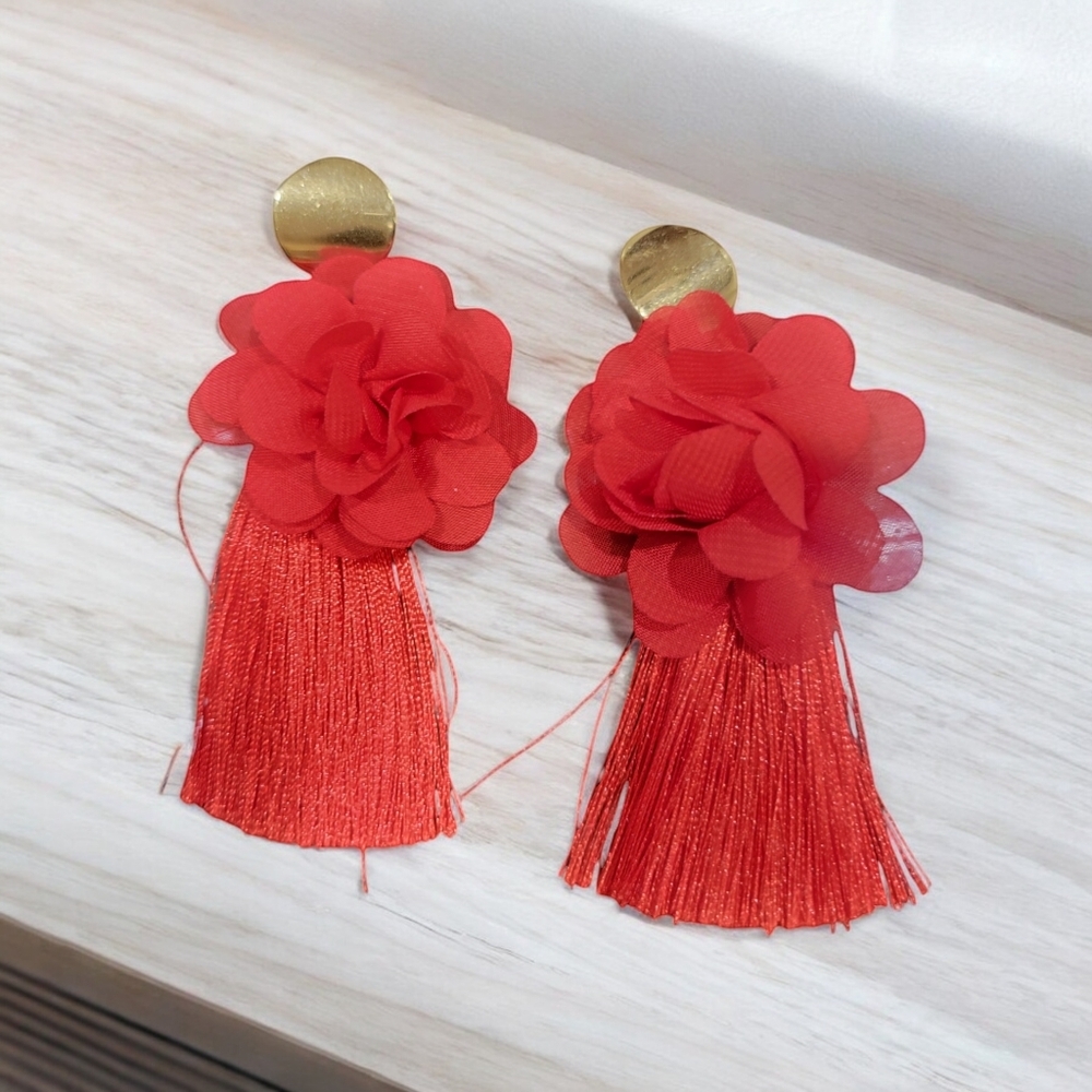 Red Flower Tassle Earrings